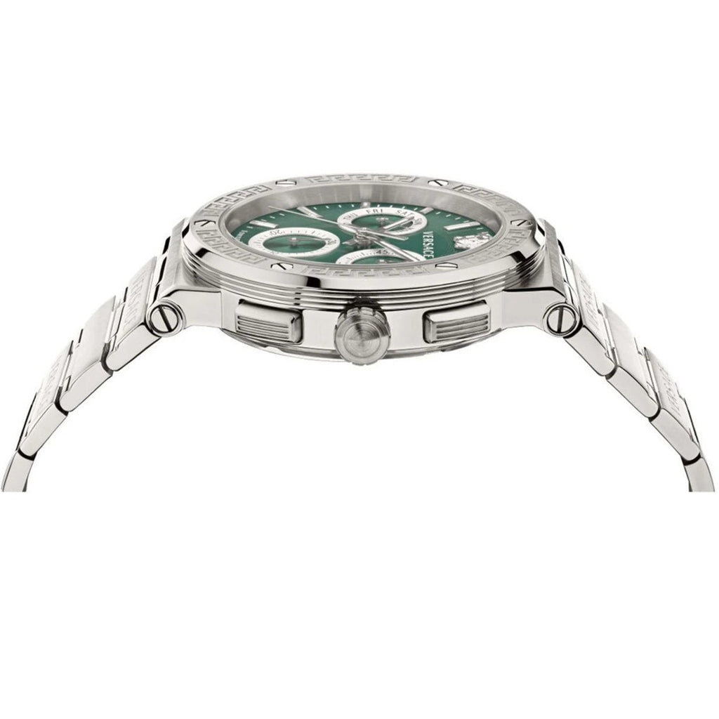 Side profile of Versace Greca chronograph showing case depth and strap