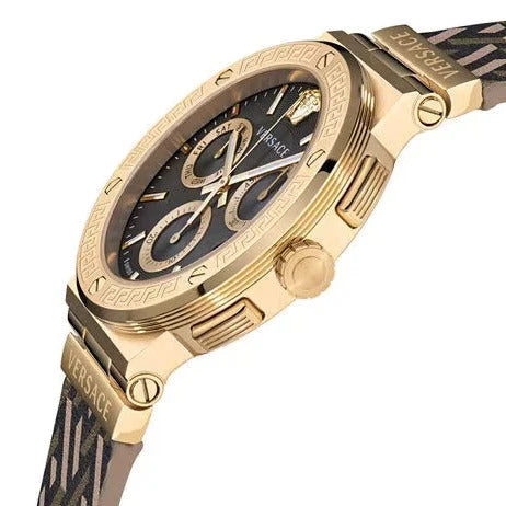 VERSACE Greca Logo chronograph watch at side angle showing gold case, black dial, and multi-hued strap