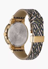 VERSACE chronograph watch caseback showing Medusa logo with gold-tone case and leather strap