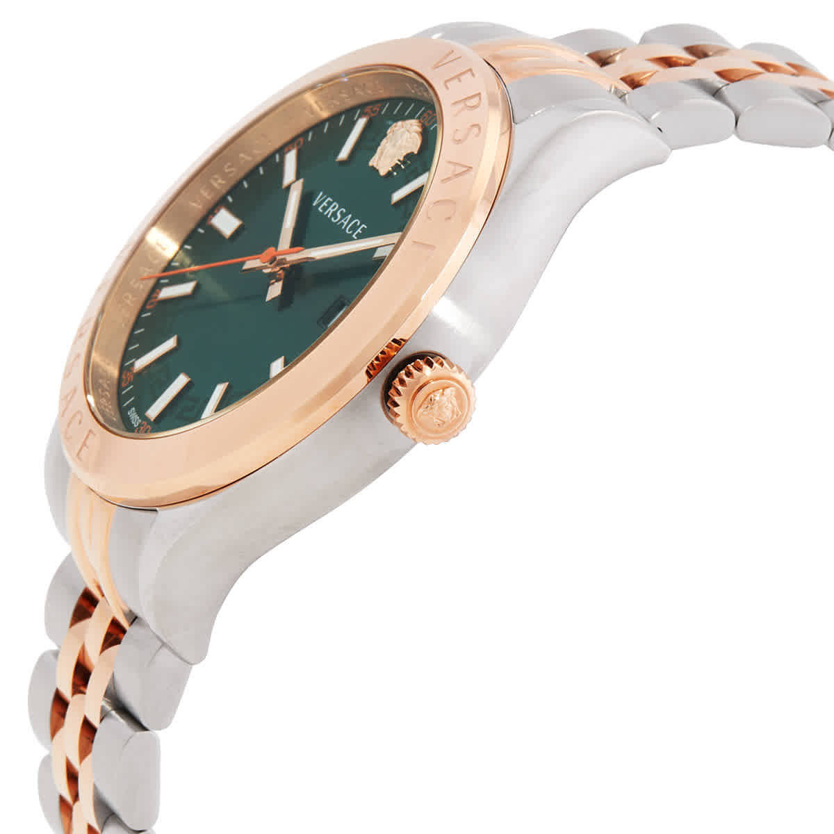 Angled view of Versace Hellenium watch showing green dial and rose gold bezel with two-tone bracelet