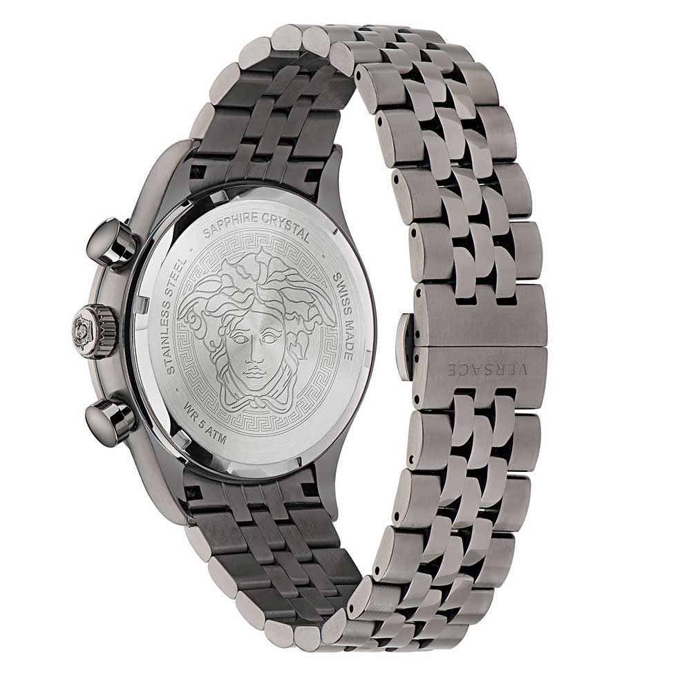 Versace Hellenyium Chrono watch caseback showing Medusa logo and stainless steel bracelet
