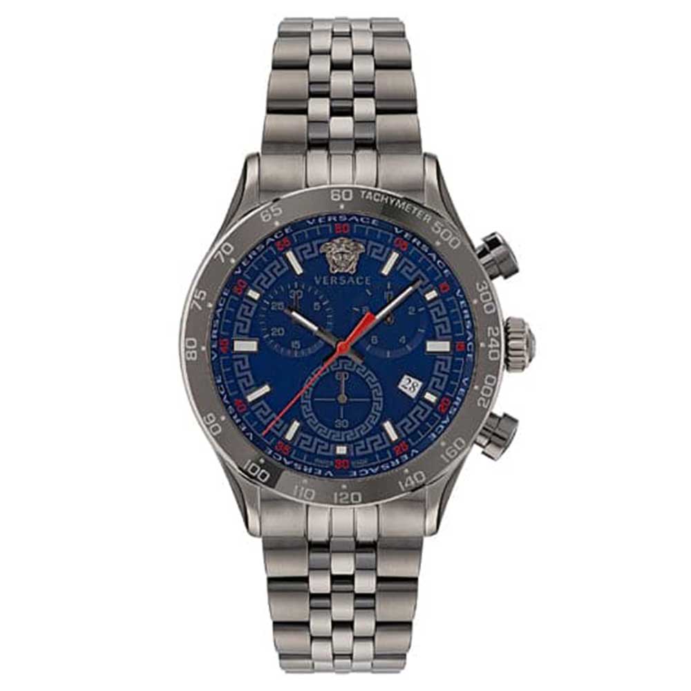 Versace Hellenyium Chrono chronograph watch with blue dial and stainless steel bracelet
