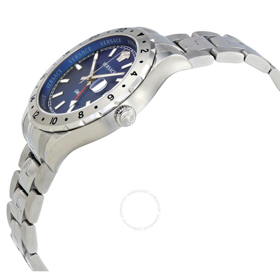 Versace Hellenyium GMT men's watch shown at angle with blue dial and stainless steel band