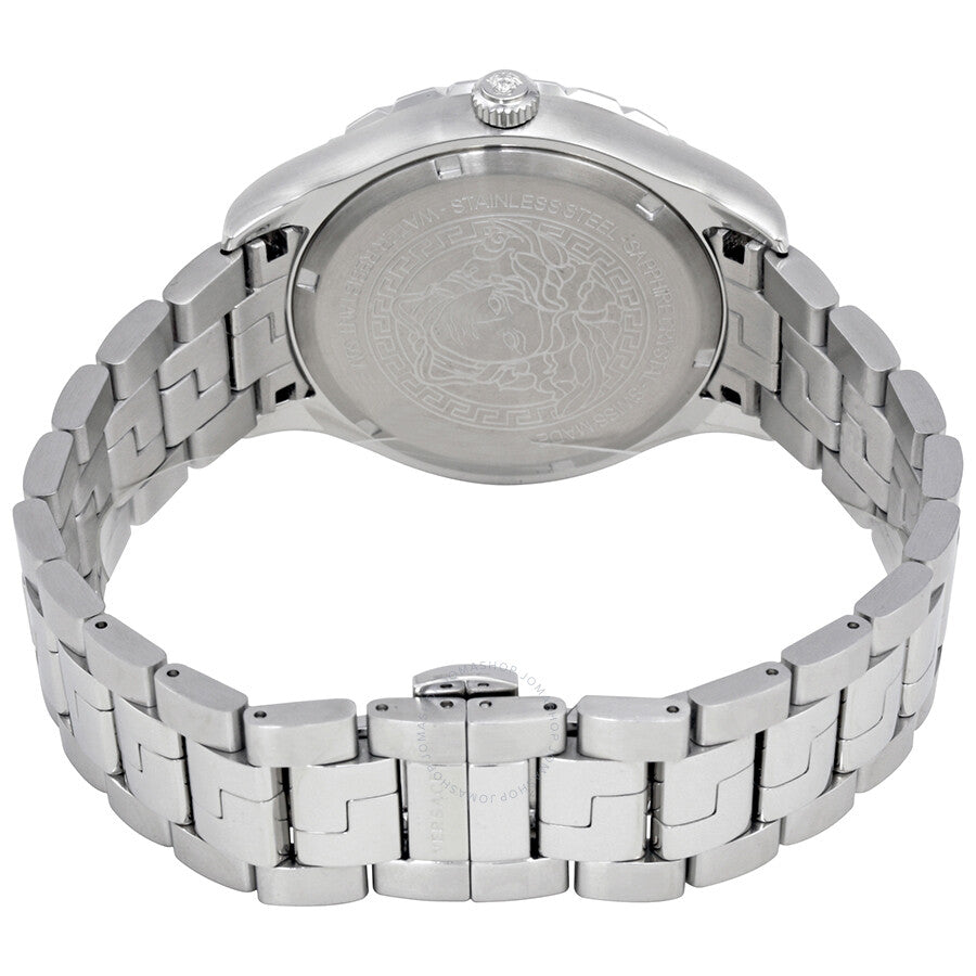 Stainless steel caseback of Versace Hellenyium GMT men's watch with engraved Medusa logo