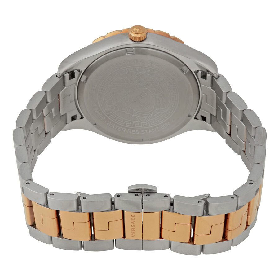 Versace Hellenyium GMT watch case back showing two-tone stainless steel and rose gold bracelet