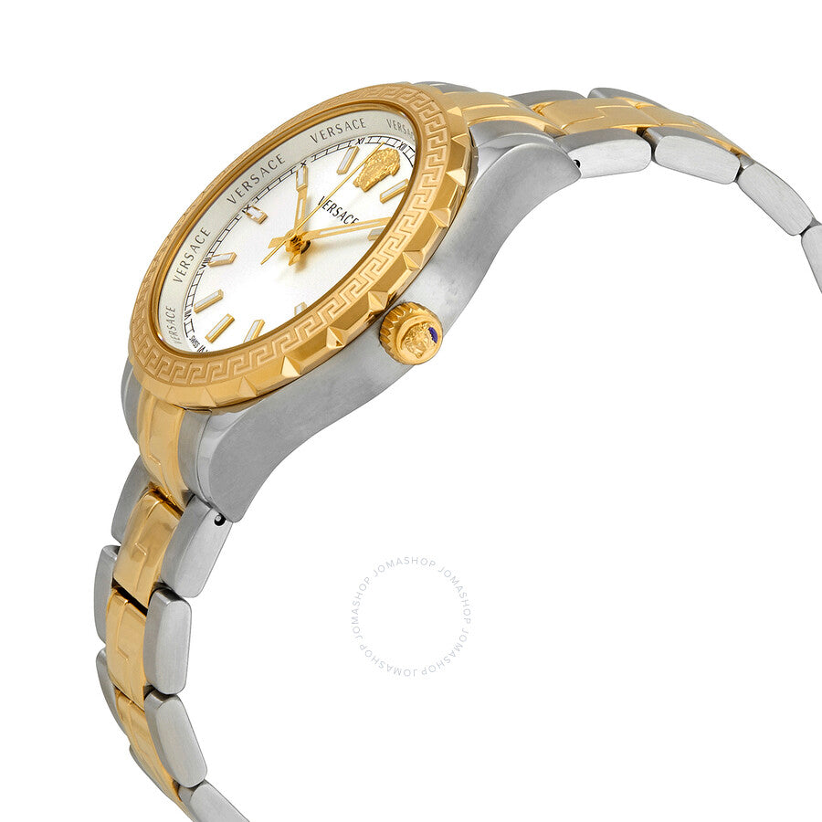 Side angle view of Versace Hellenyium watch showing two-tone gold and steel bracelet and bezel