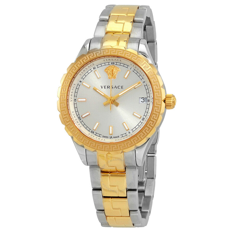 Versace Hellenyium ladies watch with silver dial, gold and steel two-tone case, and Medusa bezel