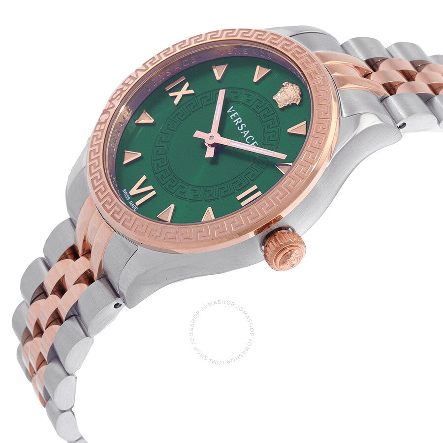 Angled view of Versace Hellenyium ladies watch showing green dial and two-tone stainless steel and rose gold bracelet