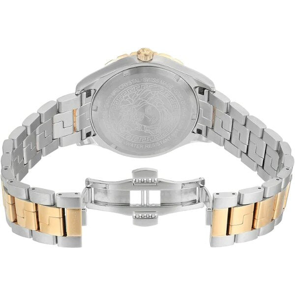 Caseback view of Versace Hellenyium watch showing two-tone stainless steel and rose gold bracelet