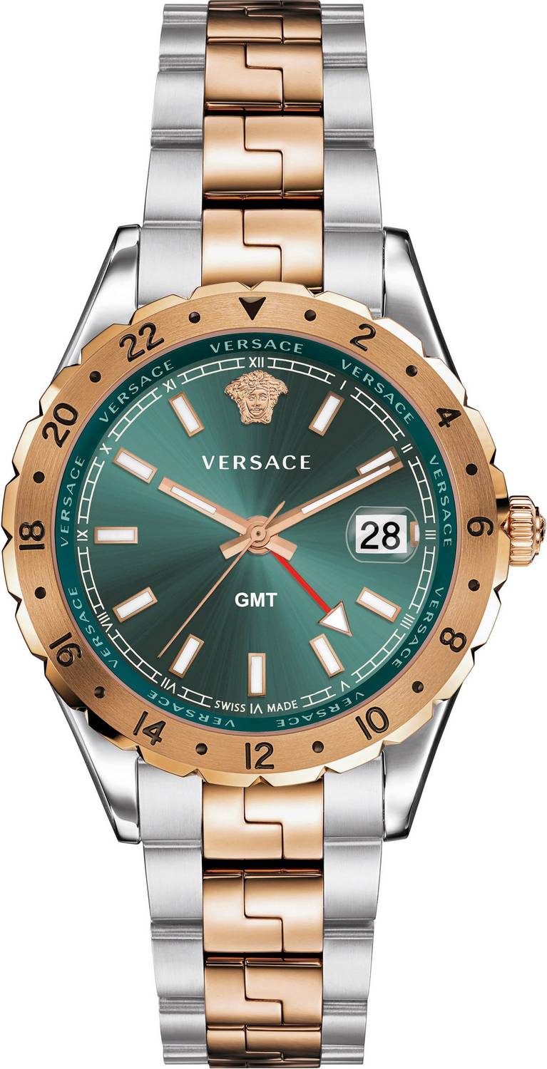 Versace Hellenyium two-tone watch with green dial, rose gold bezel, and date window