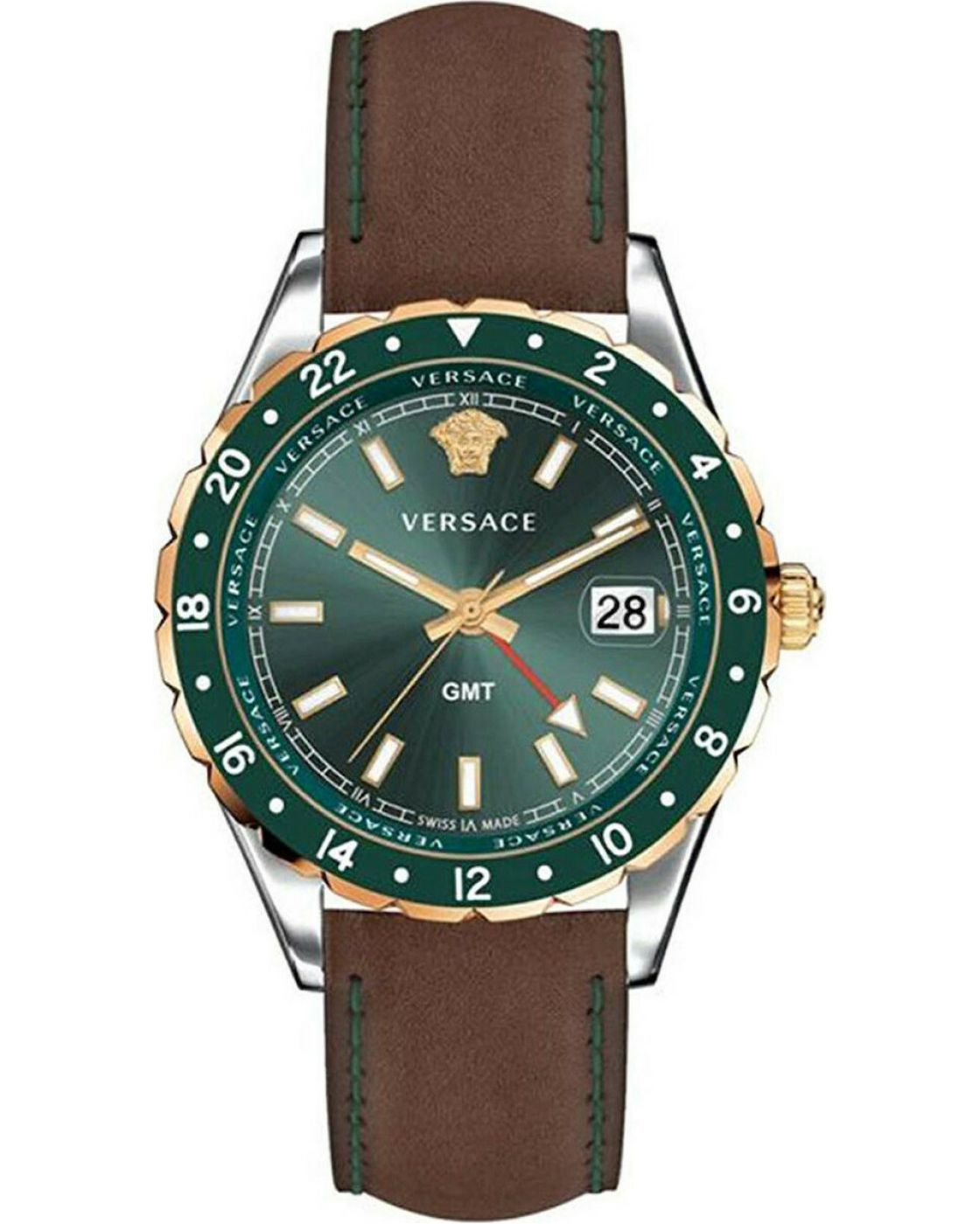 Versace Hellenyium men's watch with green dial, brown leather strap and rotating bezel
