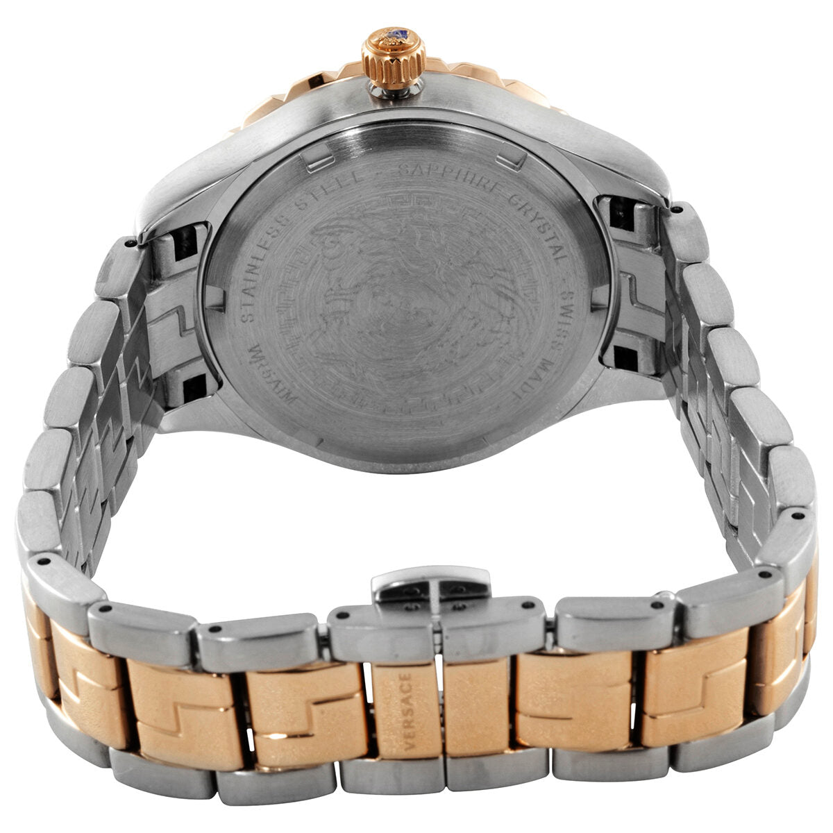 Caseback of Versace Hellenyium watch showing two-tone steel and rose gold bracelet