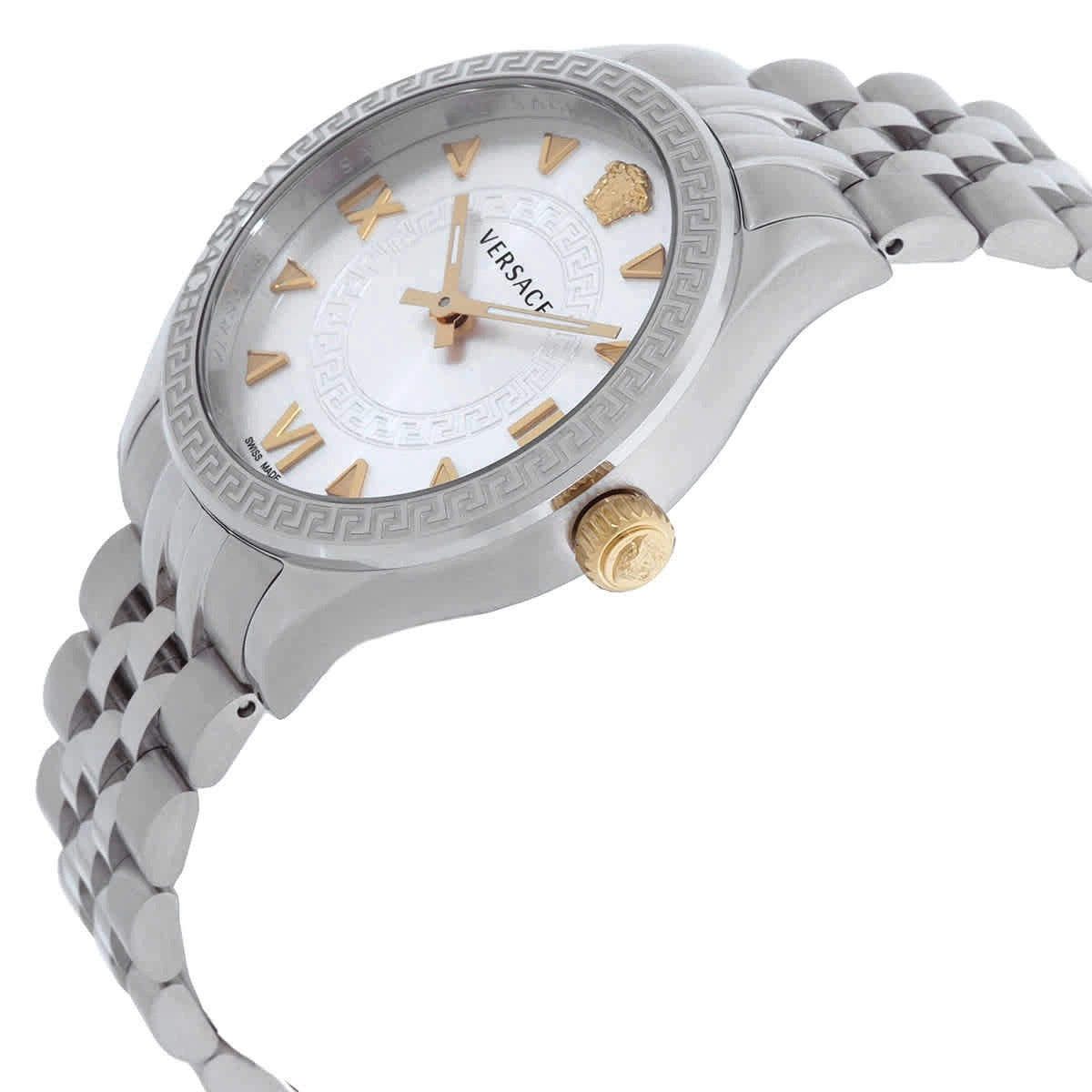 Versace Hellenyium watch angle view with silver bracelet and gold crown