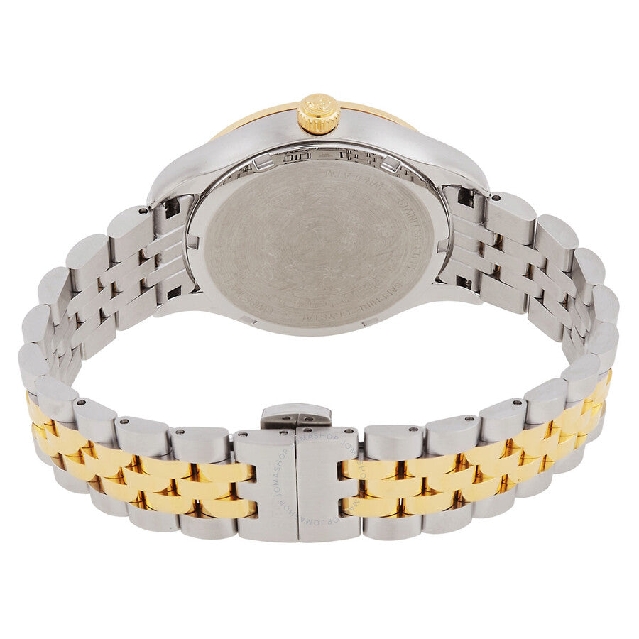 Caseback view of Versace Hellenyium watch with two-tone bracelet