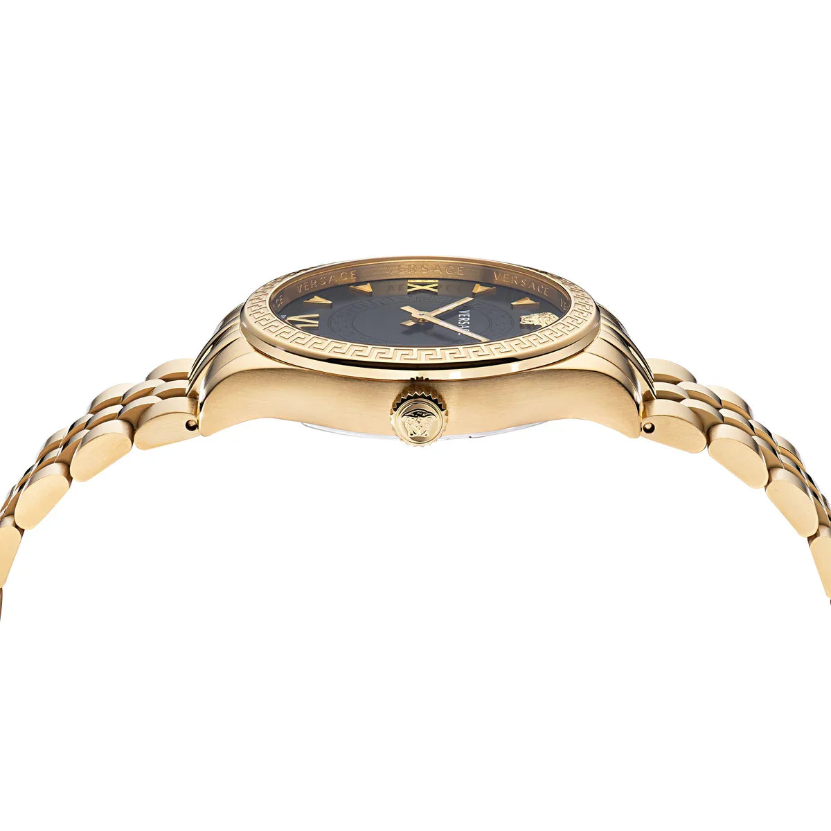 Side view of Versace Hellenyium watch showing case profile and gold-tone bracelet