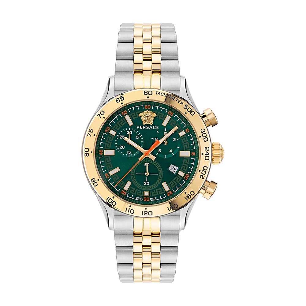 Versace Hellenyium chronograph with green dial, two-tone stainless steel and gold bracelet, and tachymeter bezel