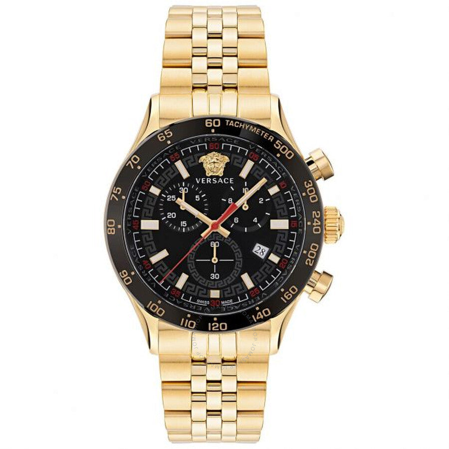 Versace Hellenyium chronograph watch with black dial, gold-tone case and bracelet