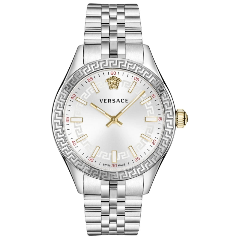 Versace Hellenyium women's watch with white dial, silver steel case and bracelet