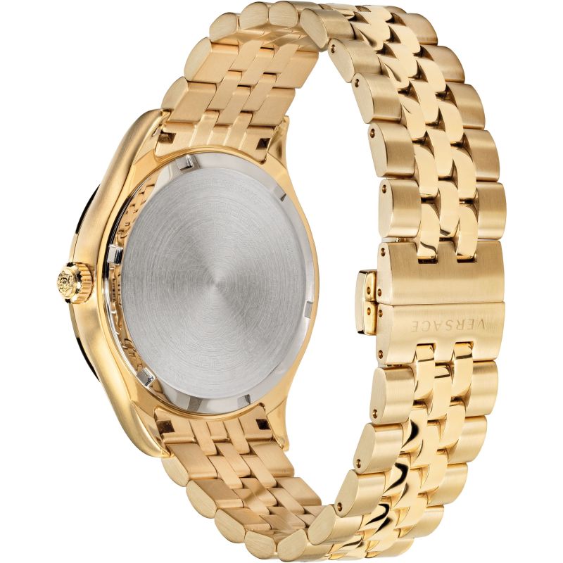 Versace Hellenyium watch caseback showing stainless steel engraved cover and gold bracelet