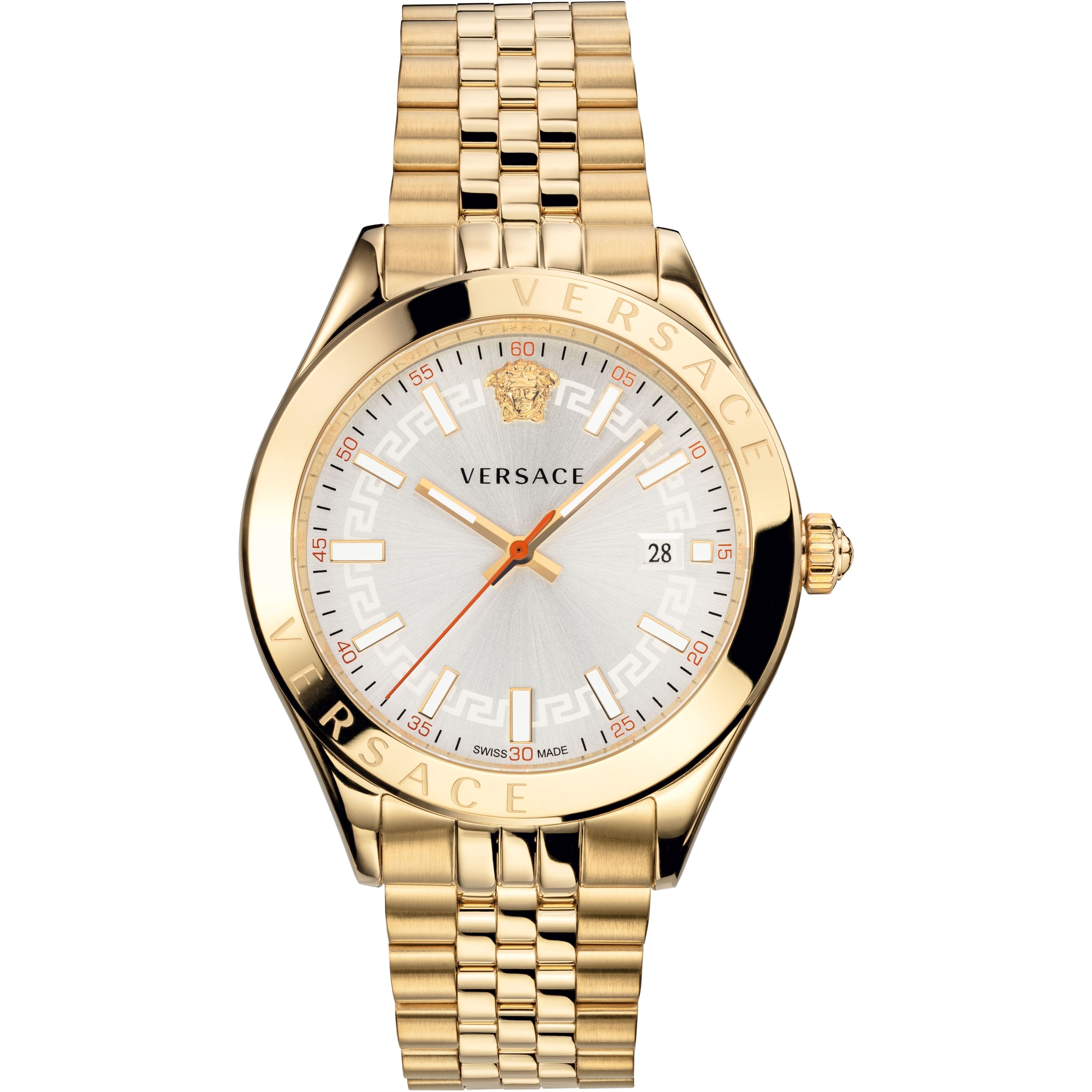 Versace Hellenyium gold watch with silver dial, date window, and gold bracelet