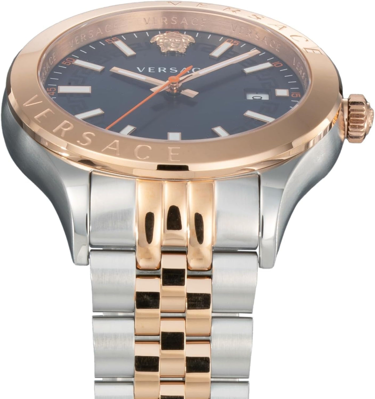Three-quarter view of Versace Hellenyium with blue dial and rose gold and steel two-tone bracelet