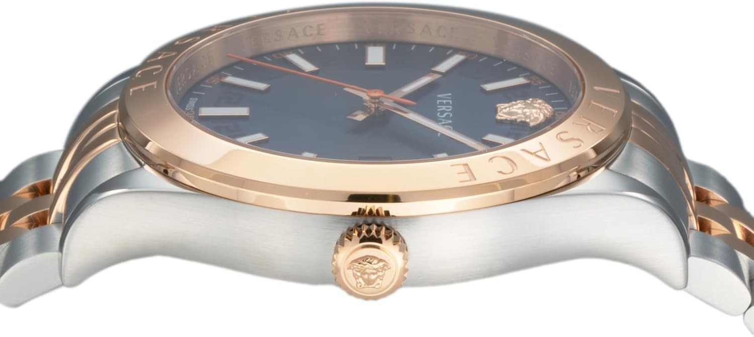 Versace Hellenyium watch on-wrist wear view with blue dial and two-tone bracelet