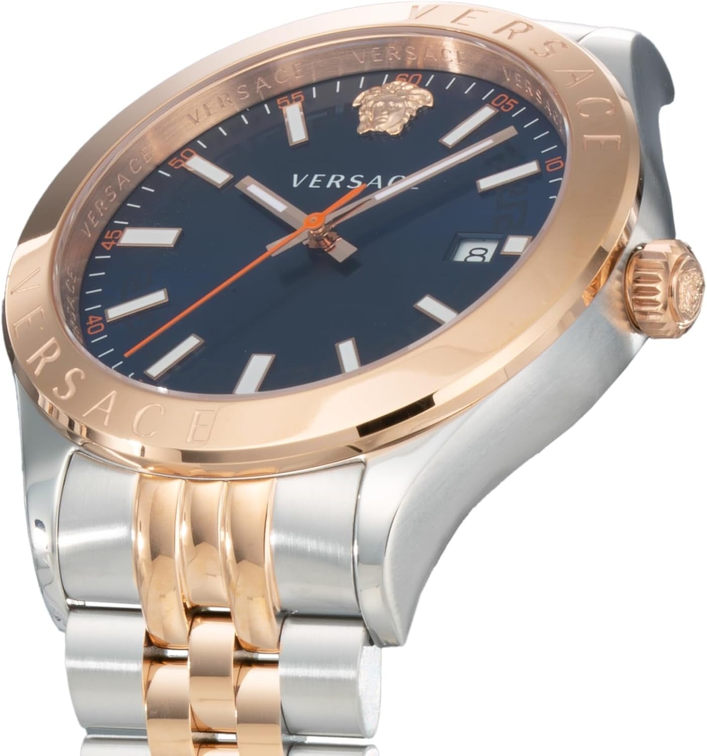 Side profile of Versace Hellenyium watch showing rose gold crown and case thickness