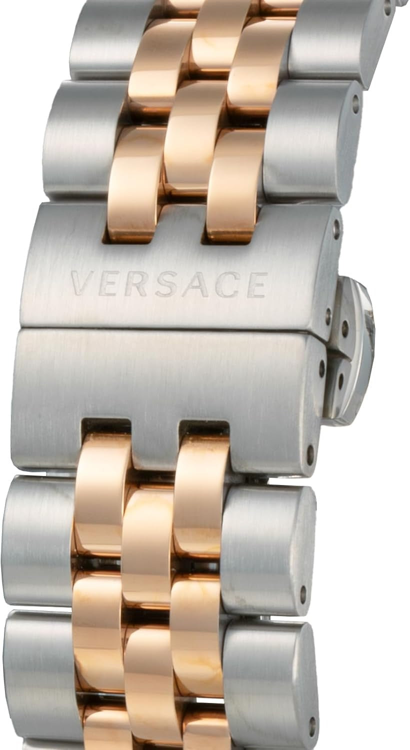 Two-tone steel and rose gold bracelet of Versace Hellenyium with engraved VERSACE clasp