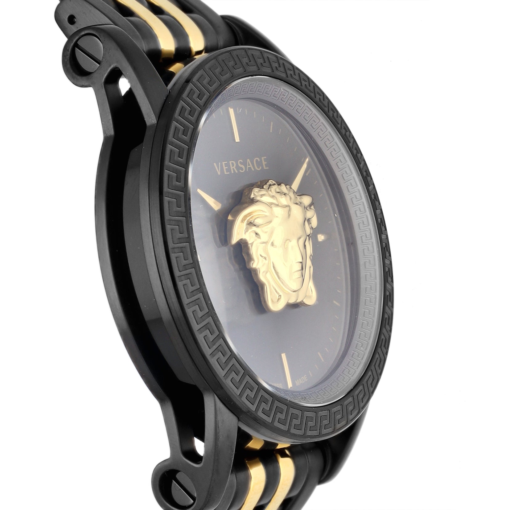 Side profile of Versace watch displaying black bezel with Greek key pattern and two-tone links