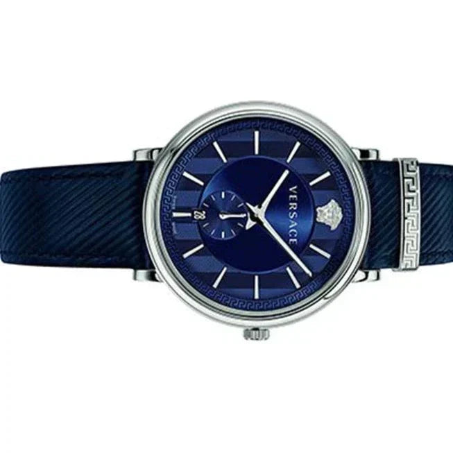 Versace Manifesto watch angled view showing blue leather strap and Greek key bezel detail