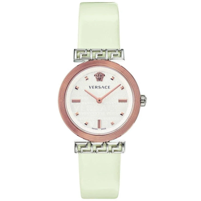 Versace Meander women's watch with rose gold case, white dial, and white leather strap