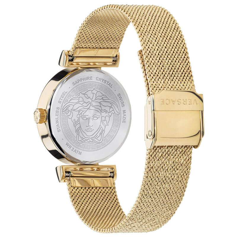 Versace Meander watch caseback showing Medusa medallion, gold-tone mesh bracelet with fold-over clasp