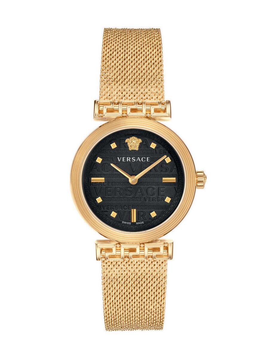 Versace Meander women's watch with black dial, gold-tone case, mesh bracelet, and Medusa logo
