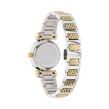 Two-tone bracelet and caseback view of Versace Mini Vanity women's watch