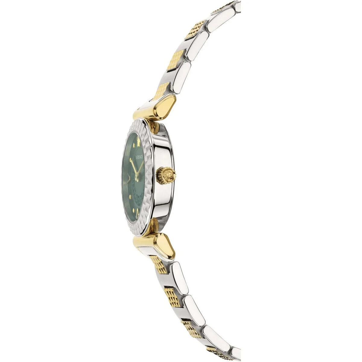 Side profile of Versace Mini Vanity two-tone watch with green dial and crystal bezel