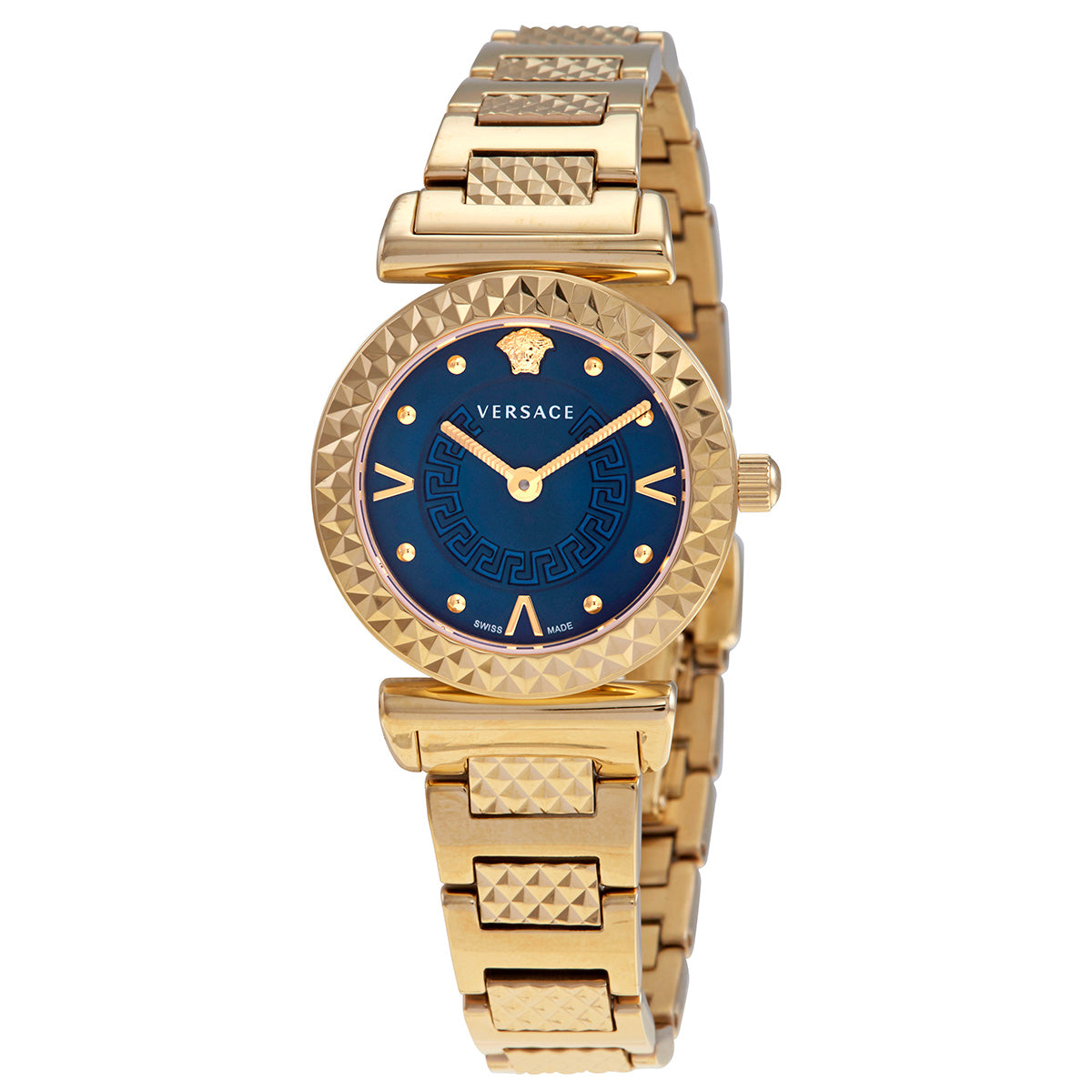 Three-quarter view of Versace Mini Vanity watch showing blue dial and gold textured bracelet