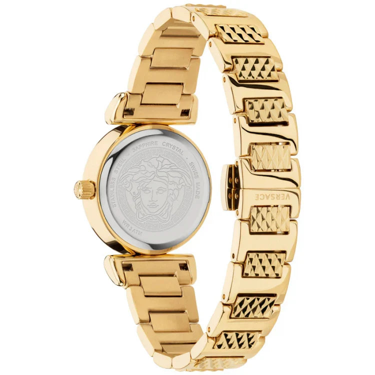 Back view of Versace Mini Vanity watch displaying engraved case back with Medusa medallion