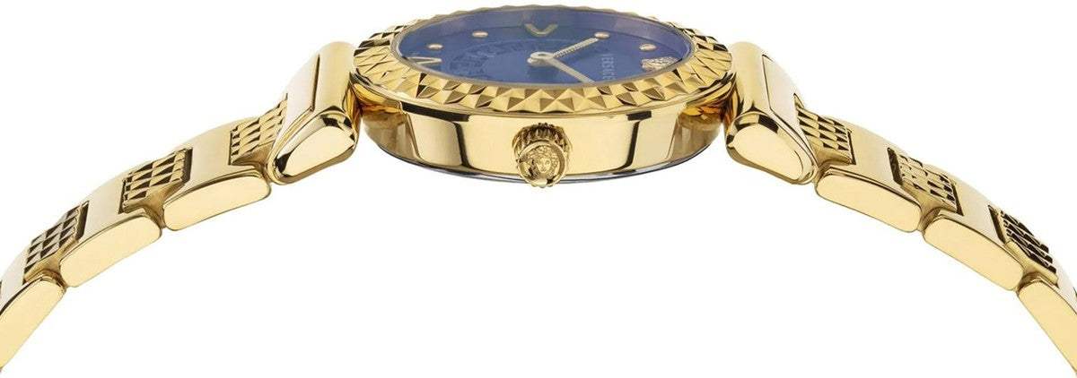 Side profile of Versace Mini Vanity watch with gold case and textured bracelet