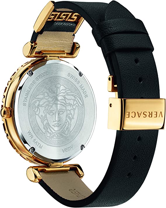 Versace Palazzo Empire Greca caseback showing engraved Medusa head medallion and black leather strap