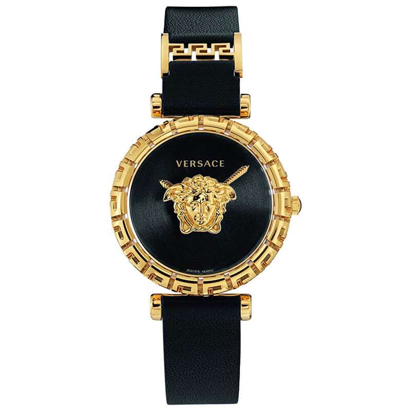 Versace Palazzo Empire Greca women's watch with black dial, gold Medusa head logo, and gold-tone Greca bezel