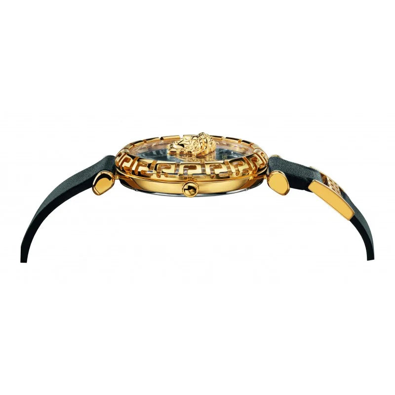 Versace Palazzo Empire Greca side view displaying gold case lugs and black leather strap with gold-tone clasp