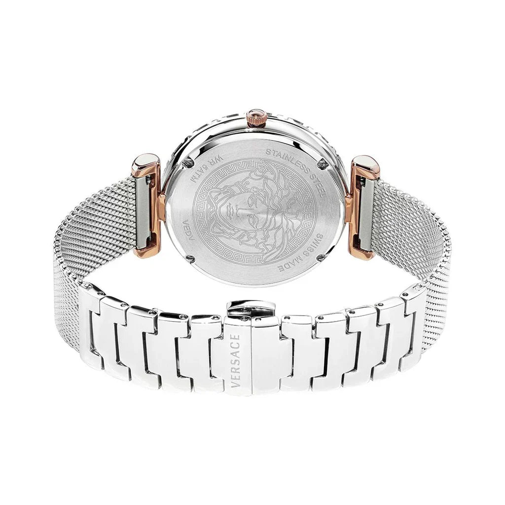 Caseback of Versace Palazzo Empire Greca showing engraved Medusa medallion and warranty details