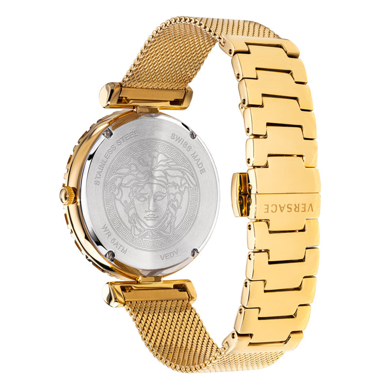 Caseback of Versace Palazzo Empire Greca watch showing engraved Medusa head and bracelet