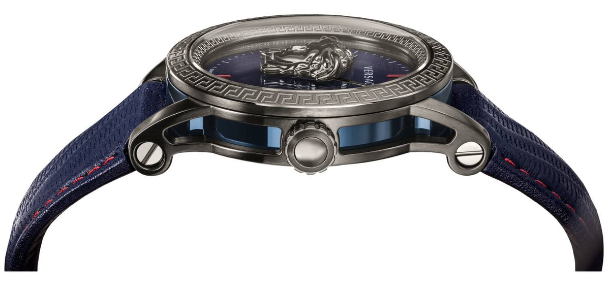 Side view of Versace Palazzo Empire watch showing case thickness and strap attachment
