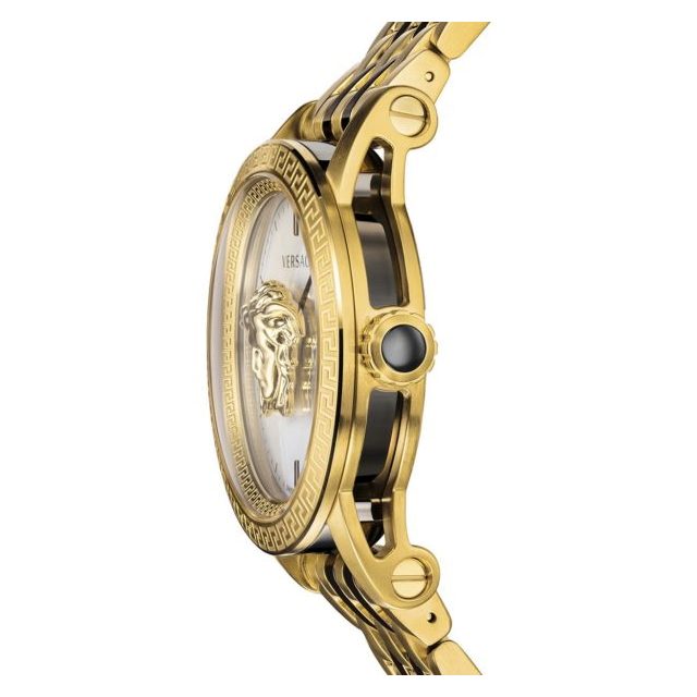 Side view of Versace Palazzo Empire watch showing Greek key bezel and lugs