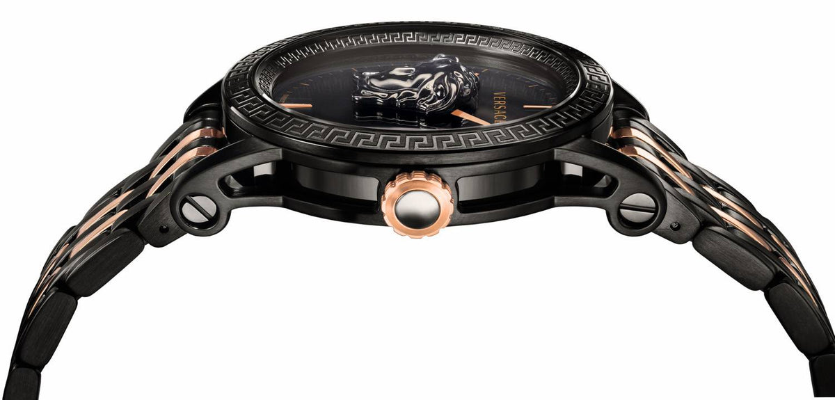 Side view of Versace Palazzo Empire watch showing black case and rose gold crown with two-tone bracelet