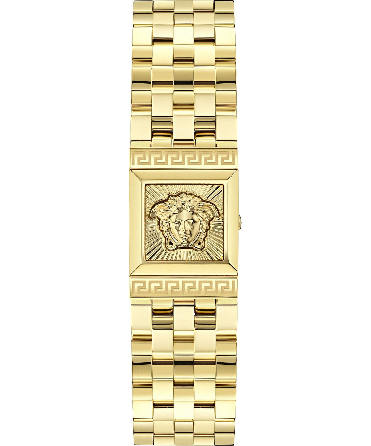 Versace Reveal gold watch worn on wrist with stainless steel bracelet and geometric strap detail