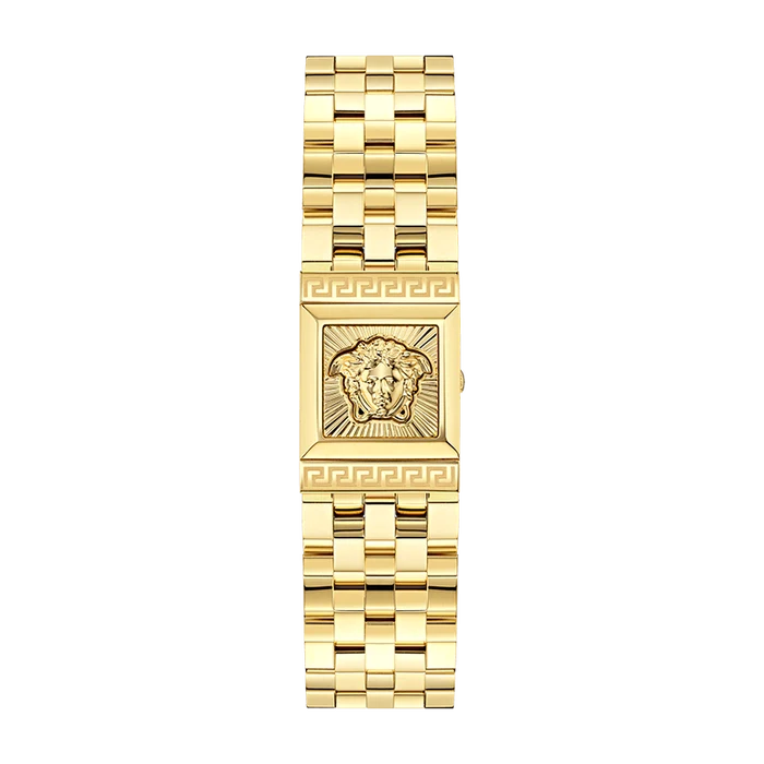 Angled view of Versace Reveal gold watch with square black dial and dual display faces