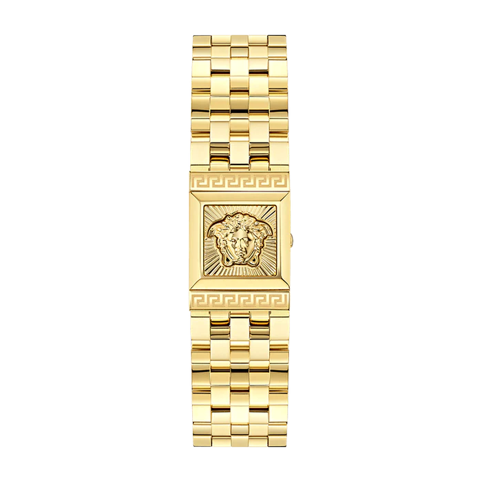 Angled view of Versace Reveal gold watch with square black dial and dual display faces
