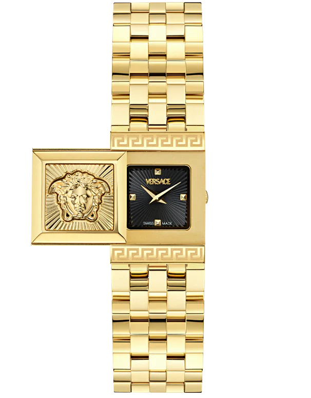 Versace Reveal square women's watch with black dial, Medusa logo and gold-tone stainless steel bracelet
